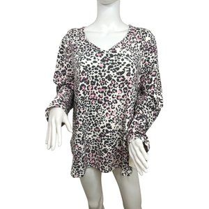 Anne Klein Women’s Pajama Top L Leopard Pink Grey Ivory V-Neck Long Sleeves New